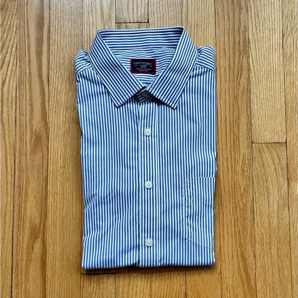 UNTUCKit Men’s Long Sleeve Shirt Slim Fit Wrinkle Resistant Large Blue White